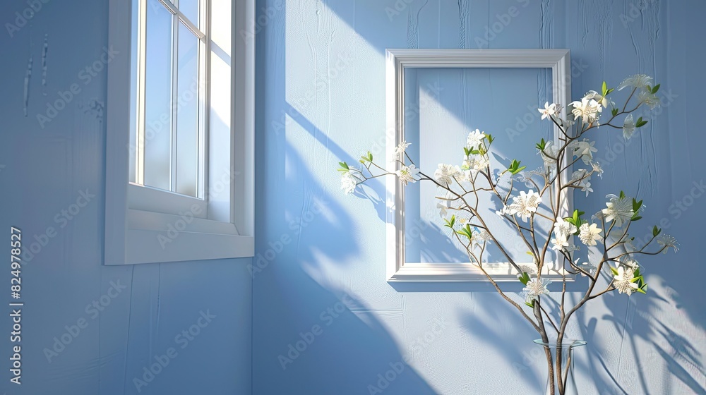 mockup in a white frame, interior design of a blue wall with white flowers in a vase, reflections, shadows and soft light, empty space for artwork on the left side, minimalist style. mockup in a white frame, interior design of a blue wall with white flowers in a vase, reflections, shadows and soft light, empty space for artwork on the left side, minimalist style.