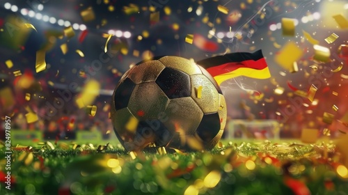 A soccer ball with the Germany flag flies in a grand stadium surrounded by golden confetti. The ball has black and red stripes. There is green grass ahead, and behind us we see many people. photo