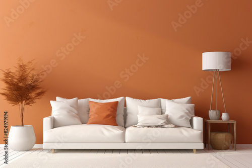 A chic and inviting space with a warm terracotta accent wall, showcasing simple furniture and a blank white frame mockup.
