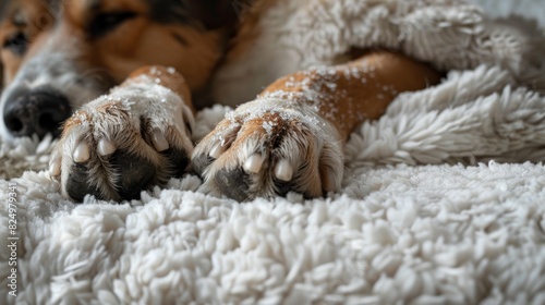 A close-up portrait of a dog s paws  slightly damp with snow  rest on the edge of a soft bed. 