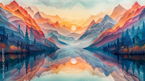 Tranquil paper cut-out of a serene lake and mountains in colorful layers.
