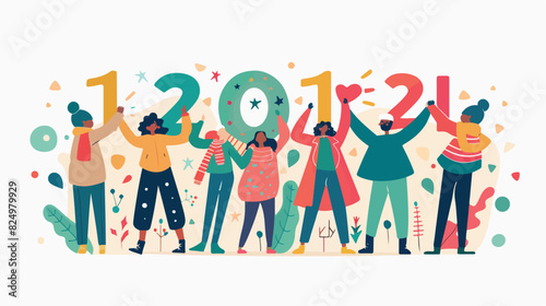 Happy people hold 2022 numbers celebrate New Year hol photo