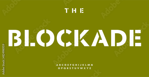 Geometric stencil alphabet, bold block letters, industrial cutout style typeface, strong urban font for impactful branding, military graffiti headline, urban typography. Vector typeset.