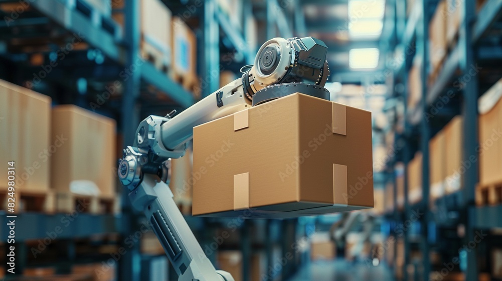 Innovative robotic arm with a cardboard box in its grip, detailed shot of the automation in a futuristic warehouse, highlighting advanced tech Innovative robotic arm with a cardboard box in its grip, detailed shot of the automation in a futuristic warehouse, highlighting advanced tech