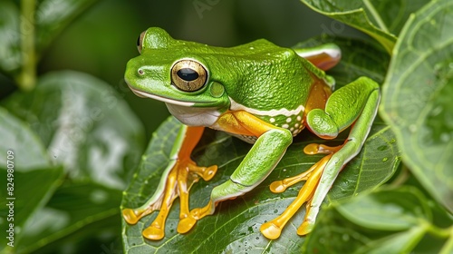 white lipped tree frog Litoria infrafrenata , closeup on green leaves . Generative Ai photo