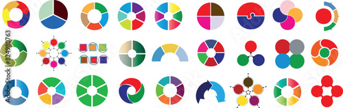 Colorful circle infographic elements, pie charts, and diagram icons perfect for data visualization, presentations, and reports vector graphics showcasing diverse design