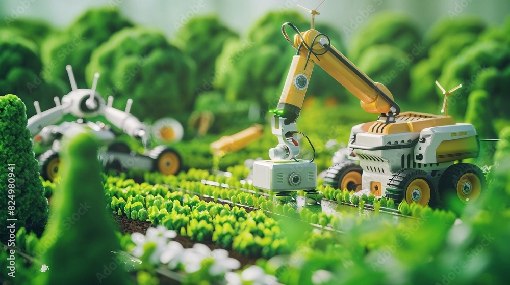 Futuristic farming scene with robots watering crops, advanced irrigation systems and green vegetables