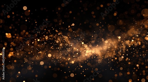 Golden particles scattering on a dark background, creating a magical shimmering effect. The image depicts a sea of tiny golden lights floating and spreading in a dark void, resembling cosmic dust