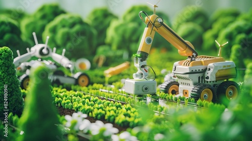 Futuristic farming scene with robots watering crops, advanced irrigation systems and green vegetables photo