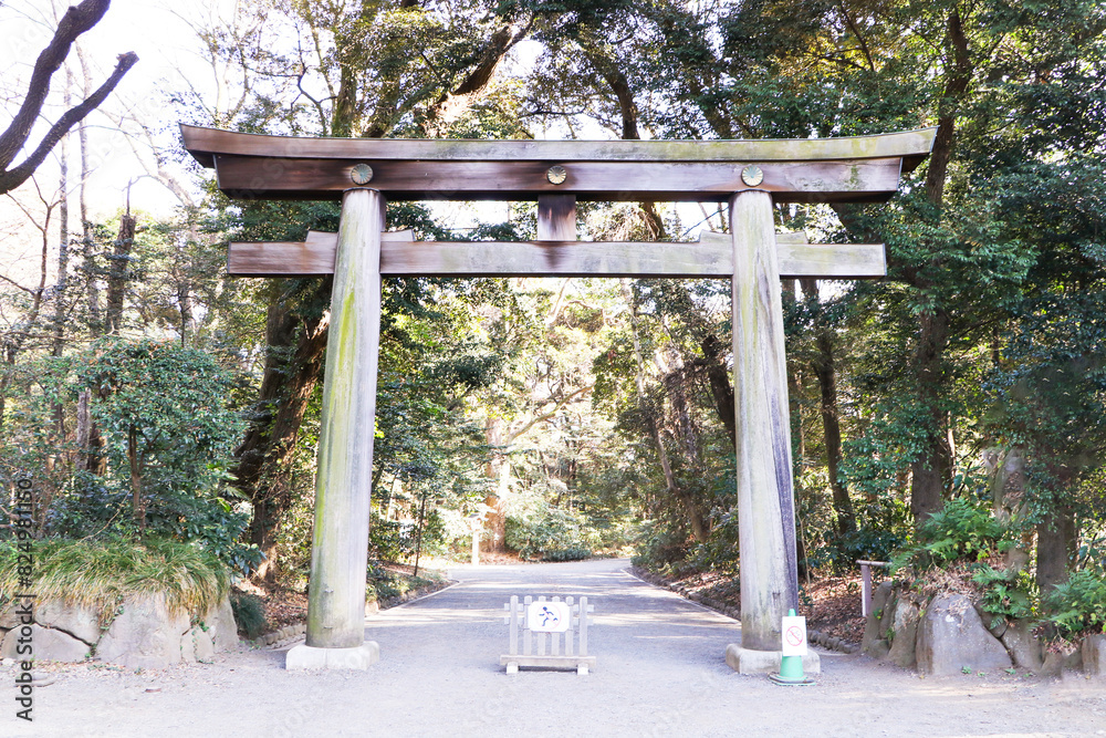 Beautiful wooden torii gate at entrance to famous Meiji shrine in Harajuku in Shibuya at Yoyogi Park. Japan's main tourist attractions. Visitors travel at Meiji Jingu. Beautiful wooden torii gate at entrance to famous Meiji shrine in Harajuku in Shibuya at Yoyogi Park. Japan's main tourist attractions. Visitors travel at Meiji Jingu.