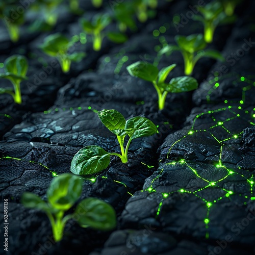 Futuristic young plants glowing with green light growing from dark soil in a concept representing technology and nature harmony. photo