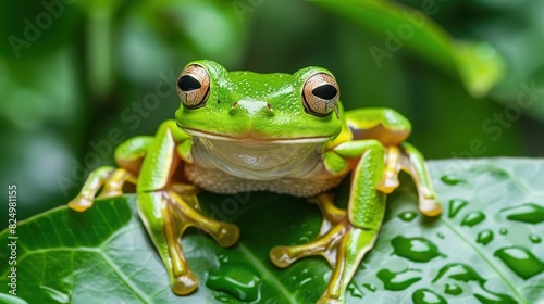 white lipped tree frog Litoria infrafrenata   closeup on green leaves . Generative Ai