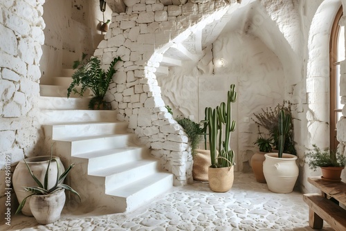 White stone steps with terracotta pots and plants, cave house interior hallway. photo