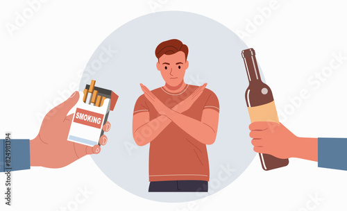 Young man with arms crossed shows a negative gesture and stop to the smoking and alcohol. Vector cartoon flat style illustration