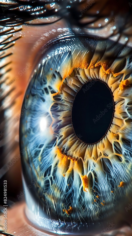 6. Macro photo of a human eye, showing intricate iris patterns and details, sharp and vibrant colors, high resolution
