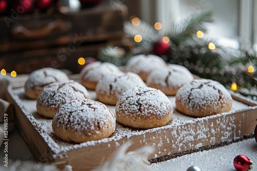 Pfeffernüsse - Spiced cookies covered in powdered sugar. photo