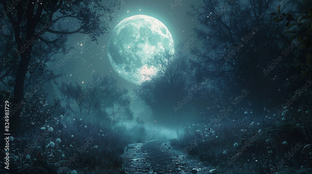 An ethereal path beneath a silver moon's glow, veiled in mystery and enchantment.