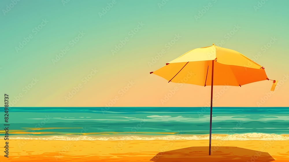 Create a vector illustration of a beach umbrella on a gradient shore, with colors blending from bright yellow to deep orange