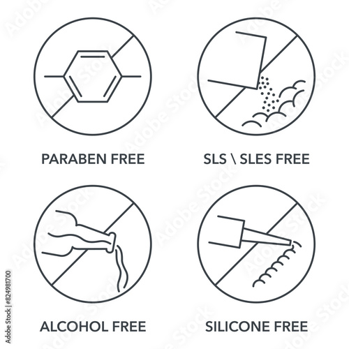 Paraben, SLS or SLES, alcohol and silicone free, icons in thin line