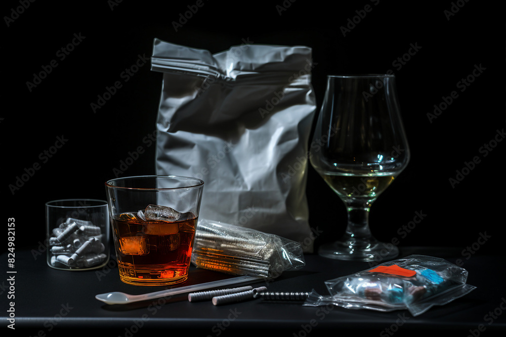 Generative AI picture of alcohol beverage and ciggarette isolated on dark background Generative AI picture of alcohol beverage and ciggarette isolated on dark background