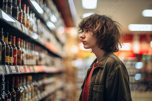 Generative AI image of young man explores a wine store rows photo