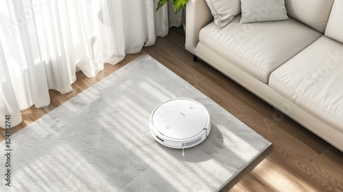 a smart robot vacuum cleaner on a white carpet, wooden floor, beige sofa, white curtains, and natural light streaming through a window in a modern interior.