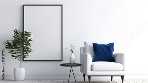 A chic navy blue accent chair paired with a minimalist white sofa set, surrounded by modern decor and a blank empty white frame mockup.