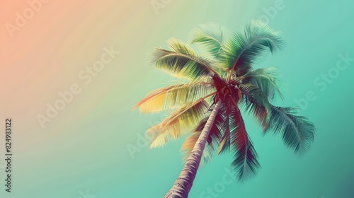 Design a vector illustration of a coconut tree on a gradient background  with colors transitioning from lush green to turquoise