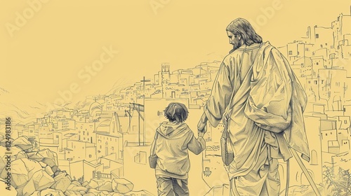 Biblical Illustration of a Modern Depiction of Jesus Guiding a Person Through a Bustling City, Offering Spiritual Guidance and Support photo