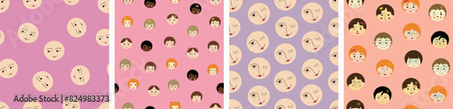 Bundle of four patterns, beautiful girlish faces. Repeating texture, swatch collection, woman countenance, colored seamless background.