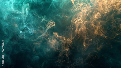 Abstract light smoke in gradients of teal and gold, softly glowing against a black background © Ateeq