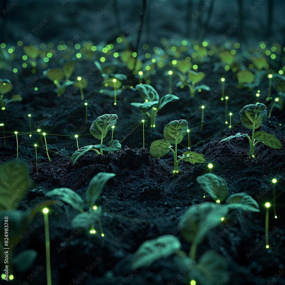Magical scene of glowing plants in the dark forest, bioluminescent leaves creating a surreal and enchanting atmosphere in nature. Magical scene of glowing plants in the dark forest, bioluminescent leaves creating a surreal and enchanting atmosphere in nature.