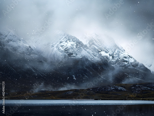 Dramatic Winter Mountain Landscape with Snow-Capped Peaks and Mist, Tranquil Snow-Dusted Lake, and Stark Barren Surroundings in Monochromatic Blue and White Color Palette Evoking Cold and Serenity