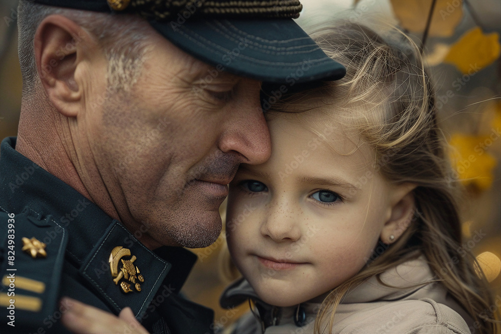 Generative AI image of male soldier returning from war or army embrace his baby Generative AI image of male soldier returning from war or army embrace his baby