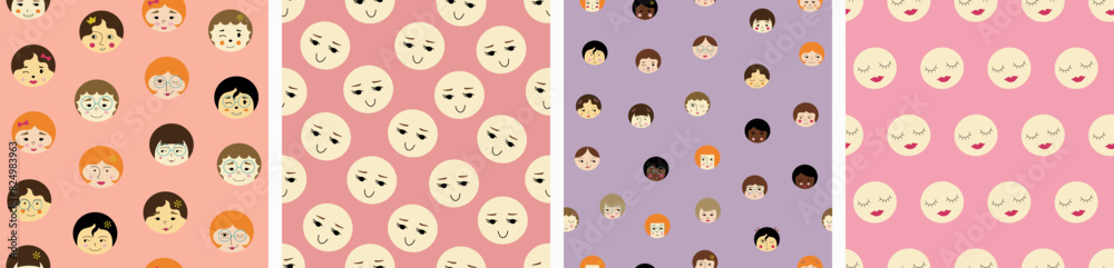 Four seamless patterns bundle, young girlish faces. Colorful abstract background, girl image, surface design for branding. Four seamless patterns bundle, young girlish faces. Colorful abstract background, girl image, surface design for branding.