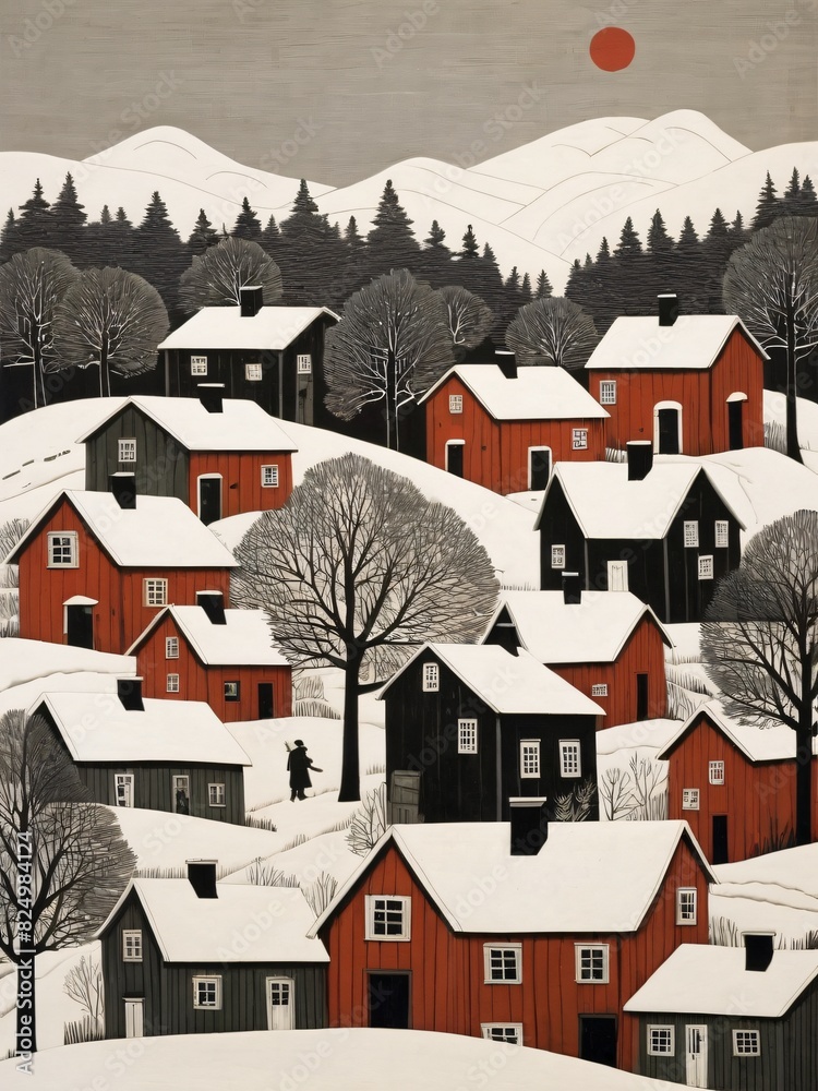 Minimalist scandinavian village painting generative AI illustration Minimalist scandinavian village painting generative AI illustration