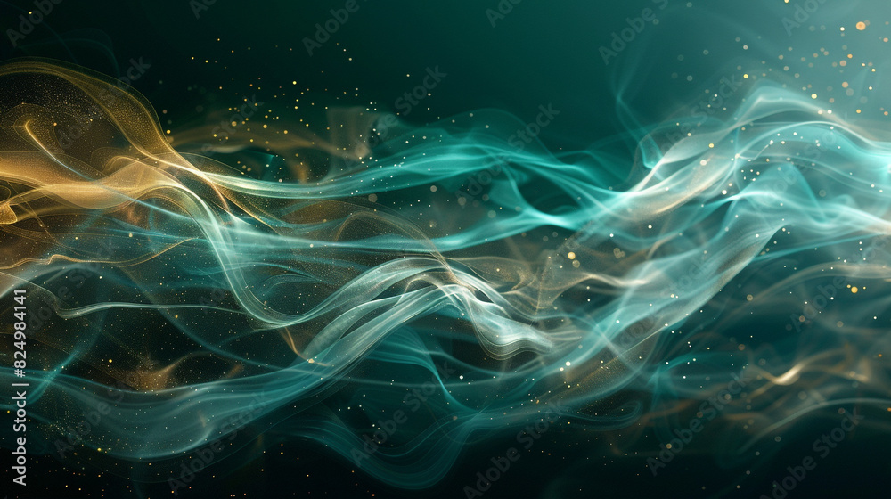 Abstract light smoke in gradients of teal and gold, softly glowing against a black background