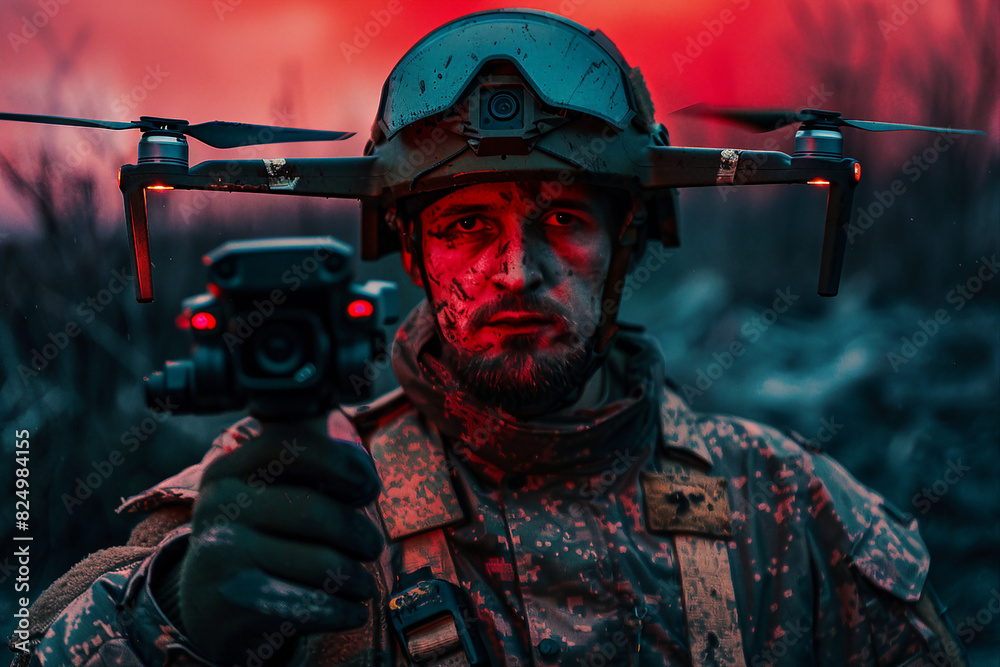 AI generated photo of military soldier controls drone for reconnaissance operation of enemy positions AI generated photo of military soldier controls drone for reconnaissance operation of enemy positions