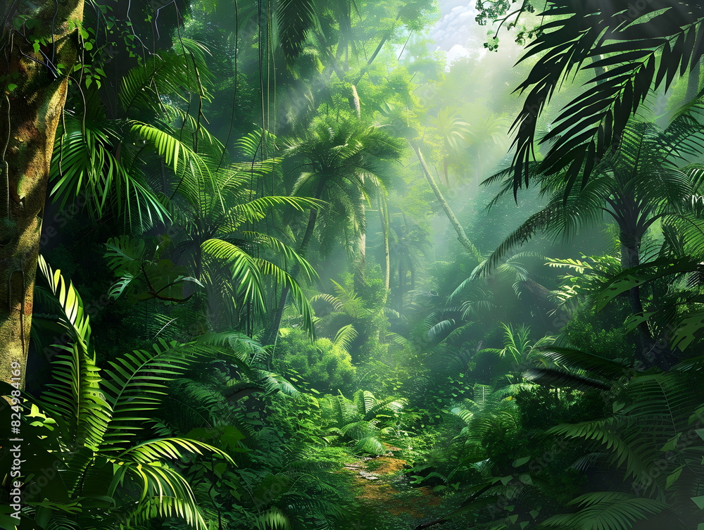 Obraz premium Idyllic Dense Tropical Rainforest with Vibrant Greenery, Sunlit Canopy, and Serene Natural Trail - Untouched Lush Nature with Ethereal Light and Rich Foliage Tapestry - Ideal Tropical Paradise