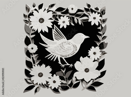 Tit bird flying towards blooming twig of  tree set cartoon vector illustration.