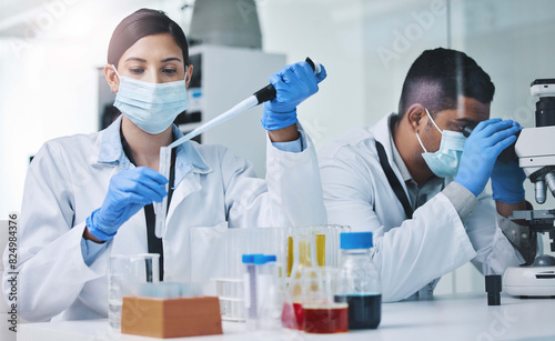 People, face mask and scientists or research team, medical laboratory and innovation or healthcare employee. Vaccine, pharmaceutical and chemical experiment, beaker and pipette for immunology study