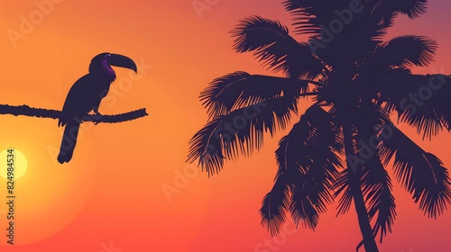 Design a vector image of a tropical bird perched on a palm tree  set against a gradient sky transitioning from warm orange to deep purple