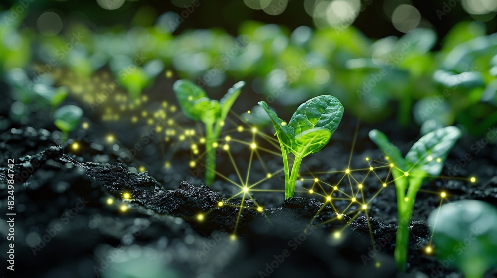 Sprouting seedlings in a lush garden with digital connections, representing agricultural technology and growth in nature. Sprouting seedlings in a lush garden with digital connections, representing agricultural technology and growth in nature.