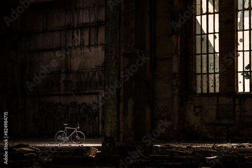 bicyle in an old abandoned hangar
