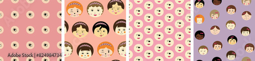 Set of four patterns, young girlish faces. Bright repeatable background, women visage, cute creative surface design.