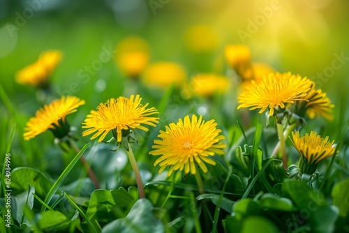 Closeup of field with grass and yellow dandelion flowers 