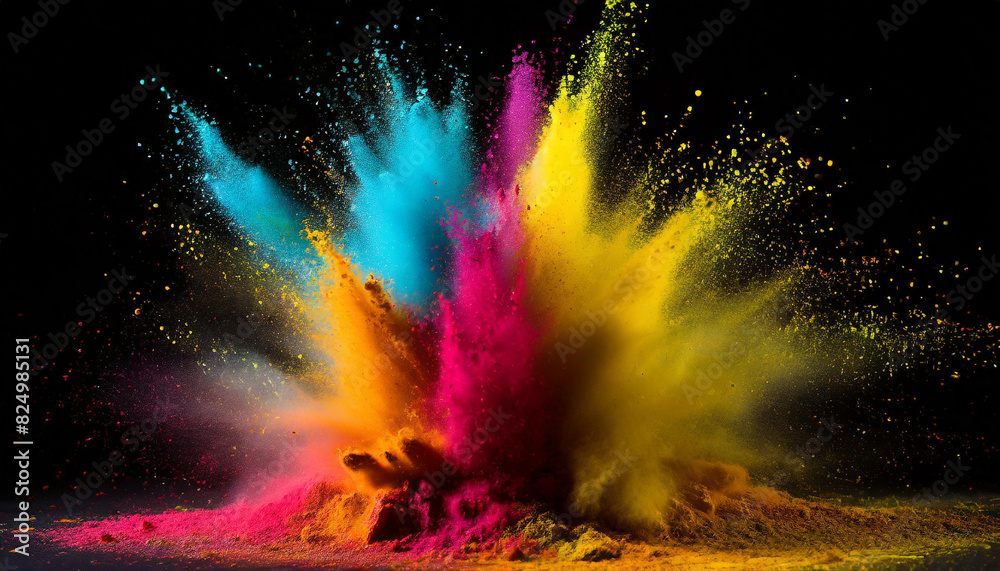 Naklejka premium Vibrant colored powder bursts upward against black backdrop, conveying energy and celebration