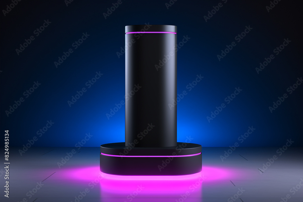 A clean and minimalist setup of a black pedestal with a glowing neon stand podium, against an empty product shelf backdrop in a white environment. A clean and minimalist setup of a black pedestal with a glowing neon stand podium, against an empty product shelf backdrop in a white environment.