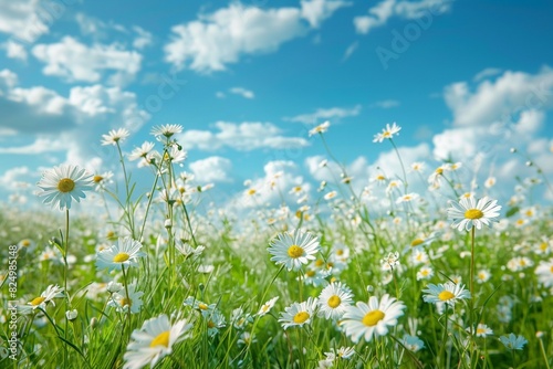 Closeup of field with grass and daisies flowers against blue sky and clouds