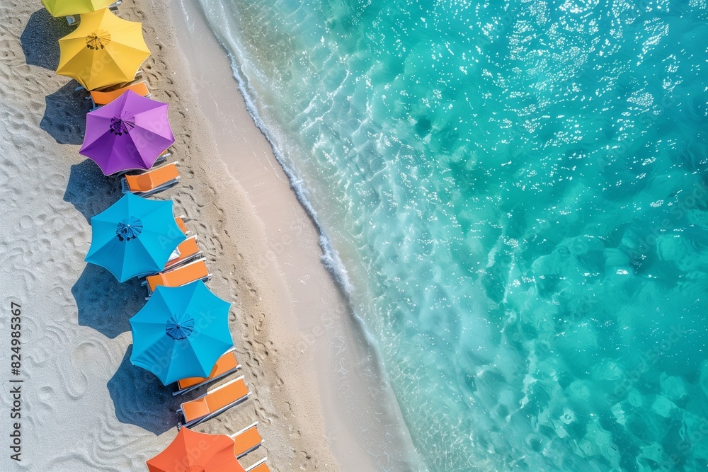 Areal view to the ocean beach with colorful umbrella and sun loungers on the white sand 